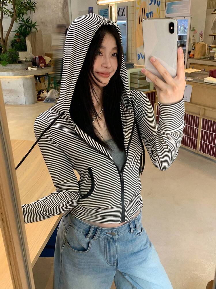 Women Striped Design Casual Long Sleeve Hoodie T-Shirt