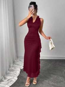 Modelyn Đầm suông hở lưng nhún bèo màu trơn dây mảnh cho nữ - Màu Đỏ Sâu - Xem 2