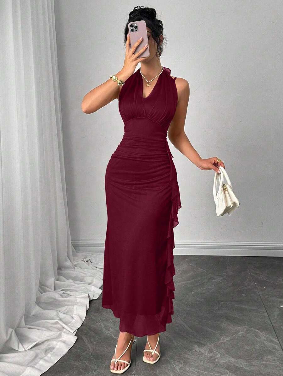 Modelyn Đầm suông hở lưng nhún bèo màu trơn dây mảnh cho nữ