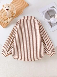 Young Girls Casual Khaki Striped Textured Turndown Collar Long Sleeve Shirt, Fashionable Top For Commute, Autumn - Khaki - View 2