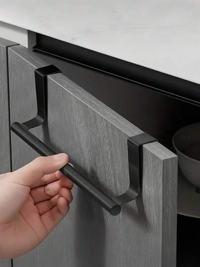 1pc Stainless Steel No Drill Stretchable Towel Rack Space Saving Hanger For Kitchen Cabinet Doors Holds Towels Cloths Adjustable Rustproof Easy Install No Drilling Required