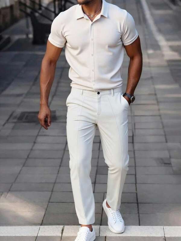 Manfinity CasualCool Men's Solid Color Shirt And Pants Set, Casual Summer Outfit Men All White Outfit Men Casual Champagne Outfits Apricot Men Outfit Men Cream Outfit