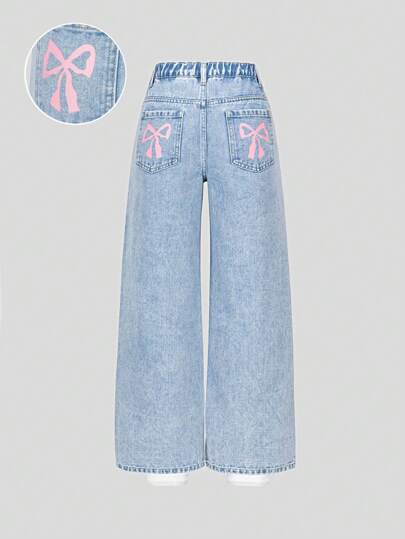 Tween Girls Casual Fashion Light Blue Denim Butterfly Print Pockets Loose Wide Leg Comfortable Everyday Relaxed Fit Washed Denim Jeans Girls Wide Leg Jeans With Bows Summer Holiday Fall Winter