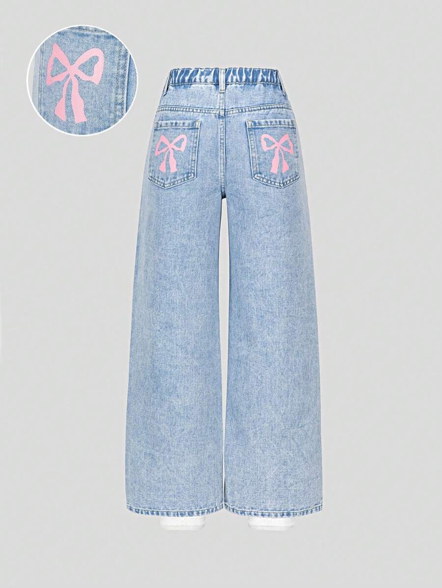 Tween Girls Casual Fashion Light Blue Denim Butterfly Print Pockets Loose Wide Leg Comfortable Everyday Relaxed Fit Washed Denim Jeans Girls Wide Leg Jeans With Bows Summer Holiday Fall Winter - Light Wash - View 1