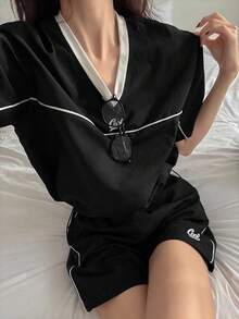 DAZY Damen Kontrast V-Ausschnitt Loose Zweiteiler Lässig anzug