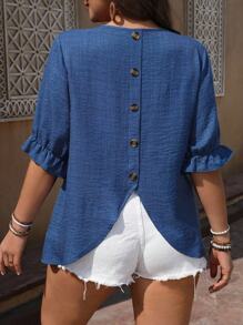 SHEIN LUNE Plus Size Women Ruffle Trim Cuff Decorative Button Design Blouse - Blue - View 6