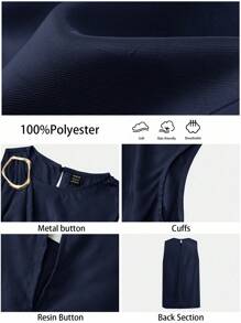 BizChic Navy Blue,Elegant,Office,Summer Shoulder Ruched Metal Decor Round Neck Sleeveless Satin Top,Urban Commute Versatile 90s Retro Wedding Guest Party - Navy Blue - View 6