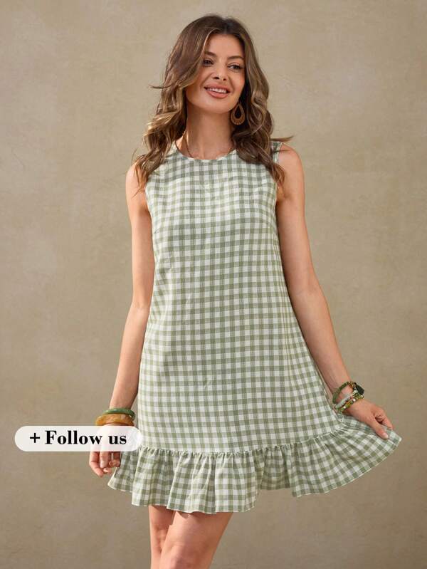 Wildy Nuevo vestido corto de verano en miniestilo país romántico estadounidense occidental con volantes y estampado de cuadros verdes