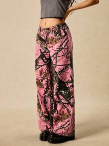 Easelle 女式枝形图案口袋宽松休闲百搭牛仔裤 - 粉色 - 查看 6