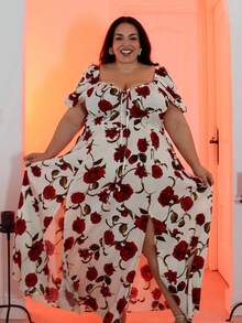 Pretty and Ole Plus Size Summer Elegant Rose Print Off Shoulder Split Dress Easter Wear - Red and White - View 7