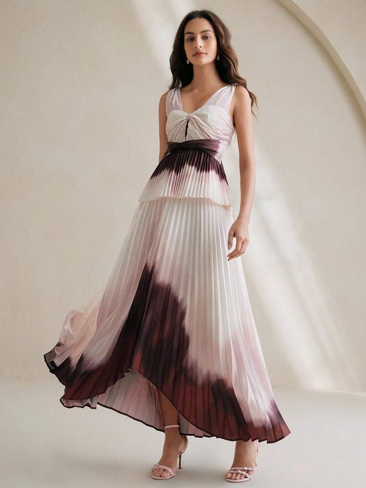 Women's Ombre Print Pleated Flared Skirt, Suitable For Spring/Summer, Holiday