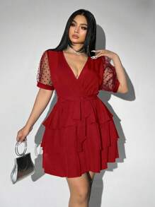 Viva Relle 大码女式时尚优雅V领系带多层连衣裙 - 紅色 - 查看 4