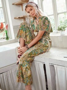 LanaWest Damen Jumpsuit mit Allover-Muster und Raffungen an den Ärmeln - Zufälliges Blumenmuster - Verschiedenfarbig - Übersicht 6