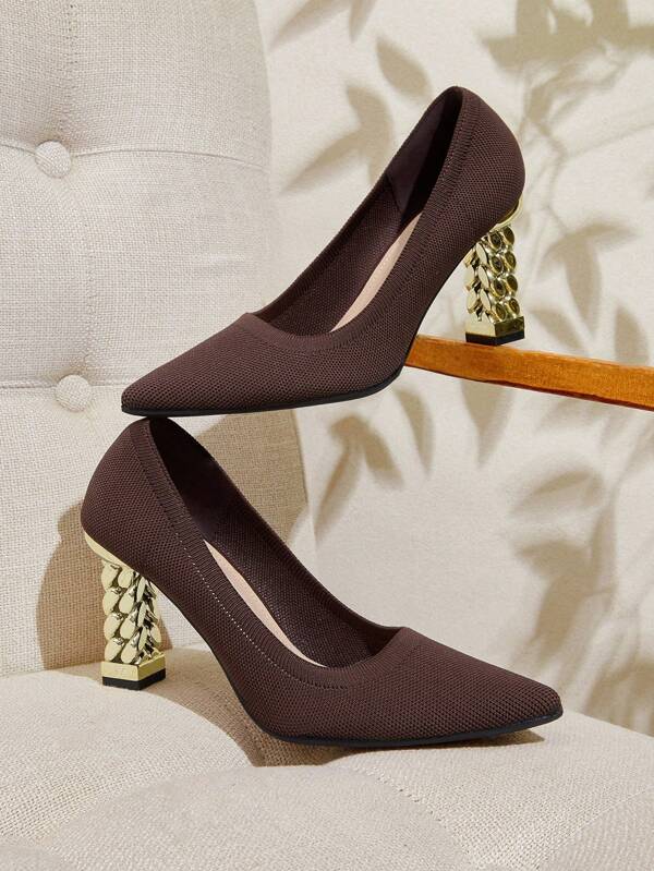 CUCCOO BASICS Women's Pointed Toe Asymmetric Metal Heel Brown Knitted Sexy Elegant Breathable Commute Comfortable Chunky Heel Pumps