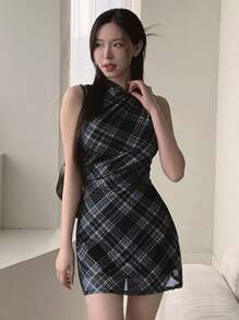 DAZY 女士格子无袖收腰迷你连衣裙 夏季女装 - 藍色 - 查看 2
