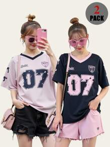 Set de 2 camisetas para adolescentes, camiseta suelta con estampado de números y letras, adecuada para deportes, actividades al aire libre, uso casual, esencial de verano