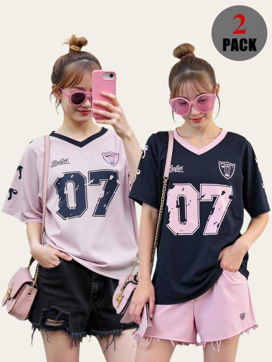 Set de 2 camisetas para adolescentes, camiseta suelta con estampado de números y letras, adecuada para deportes, actividades al aire libre, uso casual, esencial de verano