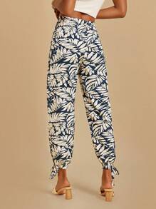 SHEIN VCAY 女士假期風格高腰寬腿褲，側縫口袋並打結綁帶款式，適合海灘 - 藍色 - 查看 2