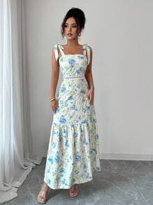 Rafferiza Vestido de encaje con volantes hasta la pantorrilla, sin mangas, con lazo en los tirantes y diseño patchwork para mujeres