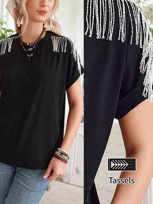 LanaWest Women Casual Solid Color Shoulder Striped Fringe Decor T-Shirt