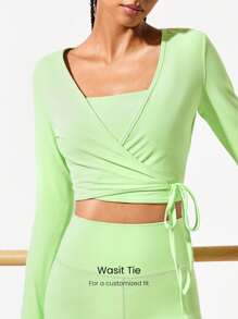 GLOWMODE FeatherFit™ Tie Waist Wrap V Neck Cropped Long Sleeve Top Low Impact Yoga Daily Summer