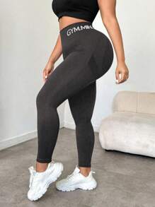 Easithlete Plus Size Women High Waist Letter Print Elastic Tight Leggings