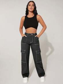 SHEIN PETITE Pantalones vaqueros de carga de pierna recta lavados informales para mujeres