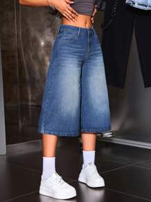 SHEIN ICON 女士休闲低腰阔腿七分宽松牛仔裤 - 藍色 - 查看 2