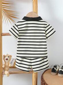 SHEIN Vintaside Kids 2 件套男婴休闲经典 Polo 条纹套装，小熊刺绣图案，简约优雅，面料柔软，适合日常穿着、度假、上学、聚会、春夏季 - 彩色 - 查看 2