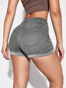 SHEIN Essnce Pantalones cortos vaqueros de mujer de tiro alto y ajustado con puño, de moda, para verano - Gris Claro - Ver 2
