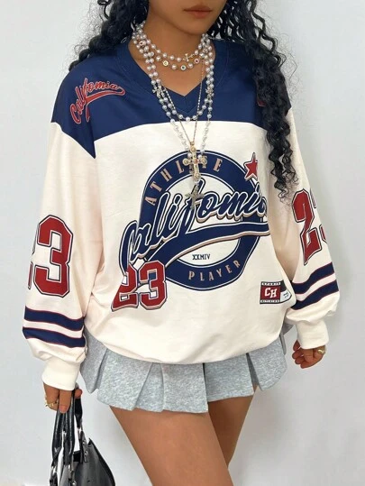 INAWLY 女士加大码V领字母印花长袖休闲卫衣，适合毕业季、返校季、教师节等场合，秋冬季节均可穿着。