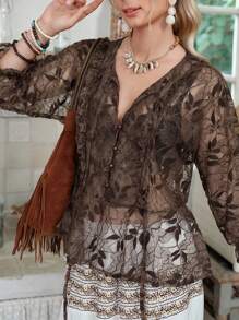 LanaWest Women's Boho Lace Snap Front Fitted Shirt - Brown - View 1