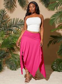 SHEIN SXY Plus Size Women 2025 Spring Summer New City Vacation Solid Color Pleated Waist Asymmetrical Hemline High Slit Sexy Skirt, Suitable For Beach Vacation, Date Night, Birthday, Bachelorette Party, Cute, Casual, Shopping, Streetwear, Going Out, Easy To Match & Looks Slim, Accent Your Body, Flatter The Figure; Asymmetrical Skirt; High Slit Skirt; Skirt; Wrap Around Skirt; Vacation