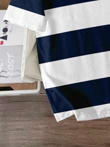 Manfinity Joysei Áo thun nam cổ tròn tay ngắn in chữ và sọc mùa hè cỡ lớn - Màu xanh lam - Xem 5