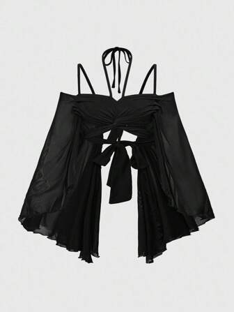 Goth Plus Size Y2K Beach Goth Butterfly Pattern Patchwork Bell Sleeve Cropped Top