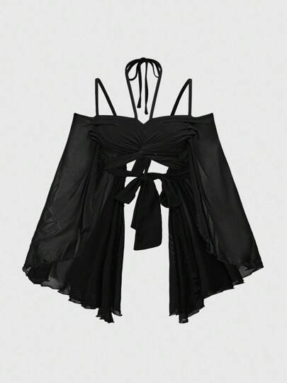 Goth Top corto con mangas acampanadas, estampado de mariposas y sistema de retazos, estilo playa gótico para tallas grandes Y2K