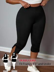 SHEIN PETITE CURVE Plus Size Solid High Waist Split Hem Capri Leggings Black Capris For Women Black Leggings For Women Plus Size Capri Leggings , Summer Outfits For Women, Suitable For People Of Shorter Stature - Black - View 1
