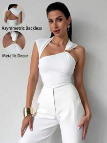 Firerie Asymmetric Shoulder Cross Ruched Backless Bodysuit With Metal Hardware Decor, Elegant Daily Office Wear, Summer & All Season - White - View 1