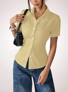 SHEIN PETITE 白色女款收腰百褶短袖襯衫，適合嬌小身型女性 - 黃色 - 查看 7
