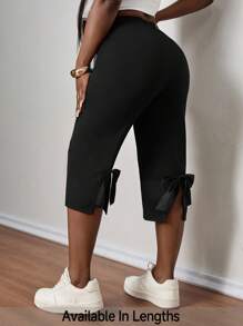 SHEIN PETITE CURVE Plus Size Women's Black 7/8 Length Casual Pants With Bow Decor Black Capri Pants Capri Pants For Women Womens Capris Pants Ruffle Pants Bow Pants, Suitable For People Of Shorter Stature