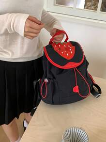 ROMWE 1pc Black Kawaii Cute Summer Strawberry Print Fashion Backpack For Women, Suitable For Daily Commute, School, Travel, Etc. - Black - View 5