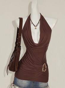 SHEIN ICON Damen Wasserfallausschnitt Metallbesatz Offener Rücken Neckholder Top Braun Neckholder Top Braun Wasserfallausschnitt Top Braun Top Braun Kleidung