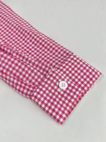 INAWLY Plus Size Plaid Print Button Front Casual Long Sleeve Jumpsuit - Pink - View 5