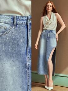 SHEIN EZwear 女式新款水钻高开衩修身优雅牛仔裙，适合所有季节 - 藍色 - 查看 1