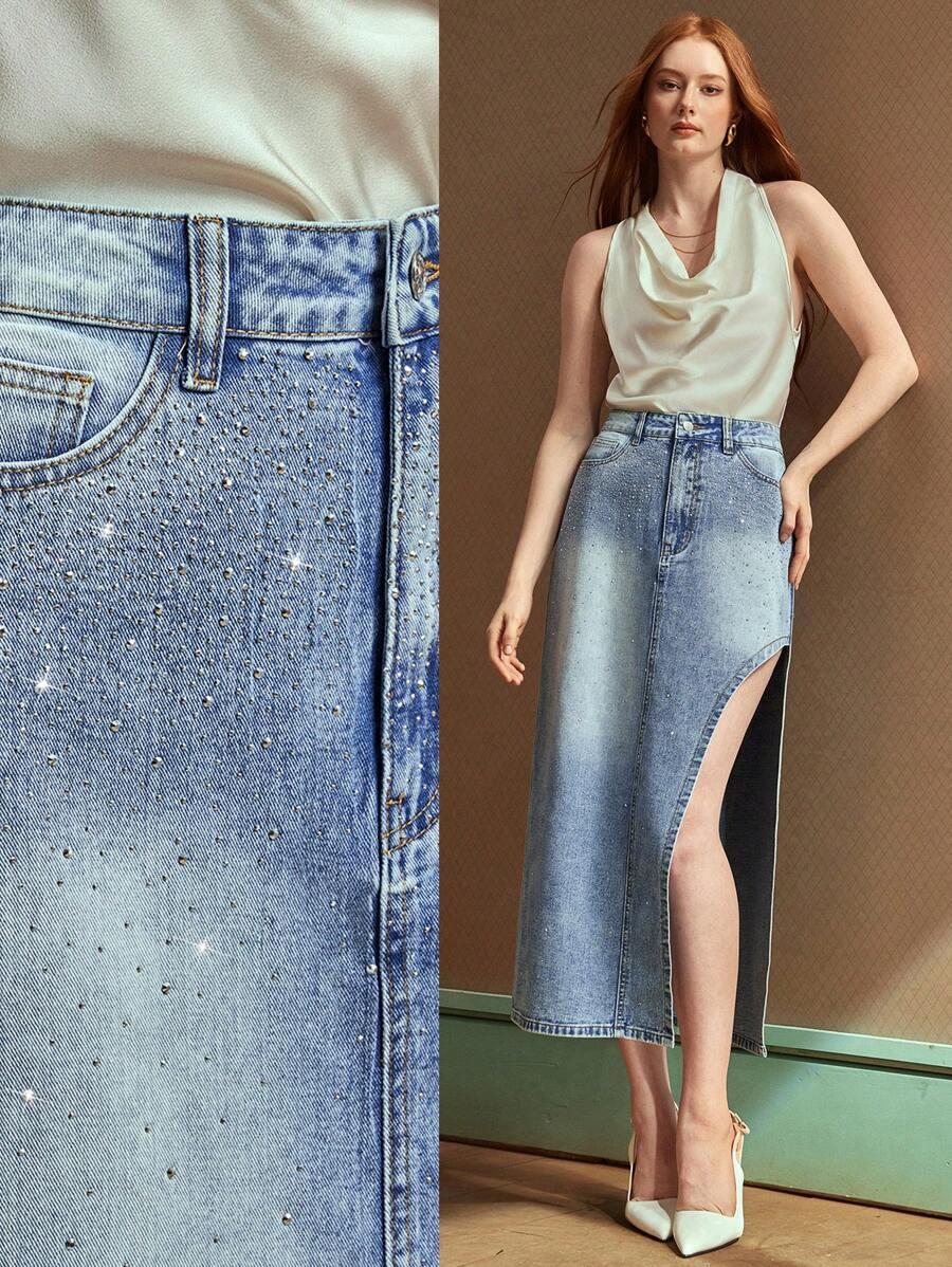 SHEIN EZwear 女式新款水钻高开衩修身优雅牛仔裙，适合所有季节 - 藍色 - 查看 1