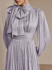 Anewsta 女士长裙，春秋，腰部褶皱闪亮设计，优雅百搭 - 淡紫色 - 查看 5