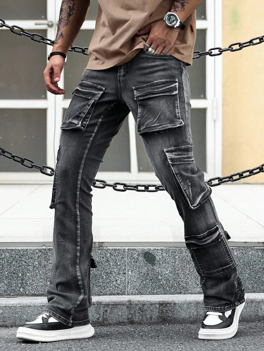 Manfinity EMRG 男士休闲日常紧身牛仔马蹄裤 - 灰色 - 查看 1