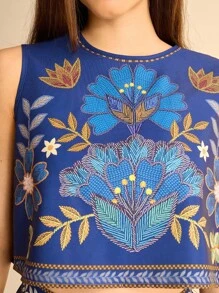 CAJUNI Women's  Vacation Bohemian Deep Blue Tropical Plant Printed Round Neck Hollow Back Casual Loose Summer Vacation Blouse, Suitable For Dating, Beach, Summer Tops,Tube Top,Crop Tops,Blusas Bonitas De Mujer,Cute Summer Tops,Basic Tops,Summer Top,Navy Blue Top,Going Out Tops Women