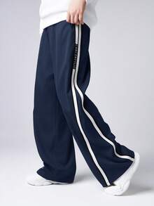 Tween Boy Straight Fit Side Tape Decor Loose Sweatpants,Suitable For Casual,Outdoor Sports,School In Autumn/Winter Wide Leg Pants,Baggy Navy Blue - Navy Blue - View 5