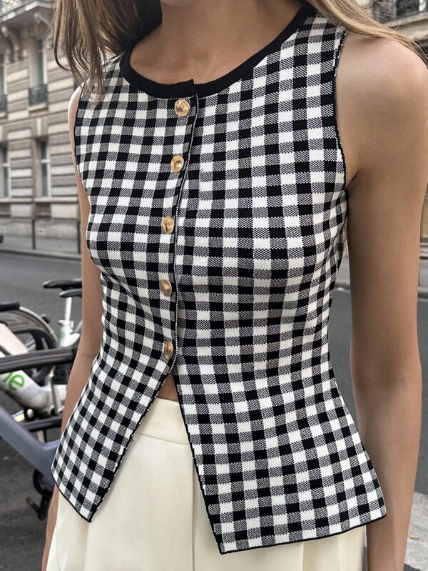 Pariaura Vintage Money Simple French Daily Commuting Young Fashion Autumn Women's Winter Women's Airport Travel Outfit Black And White Small Square Pattern Knit Irregular Metal Button Hem Slit Fitted Business Casual Women's Cardigan